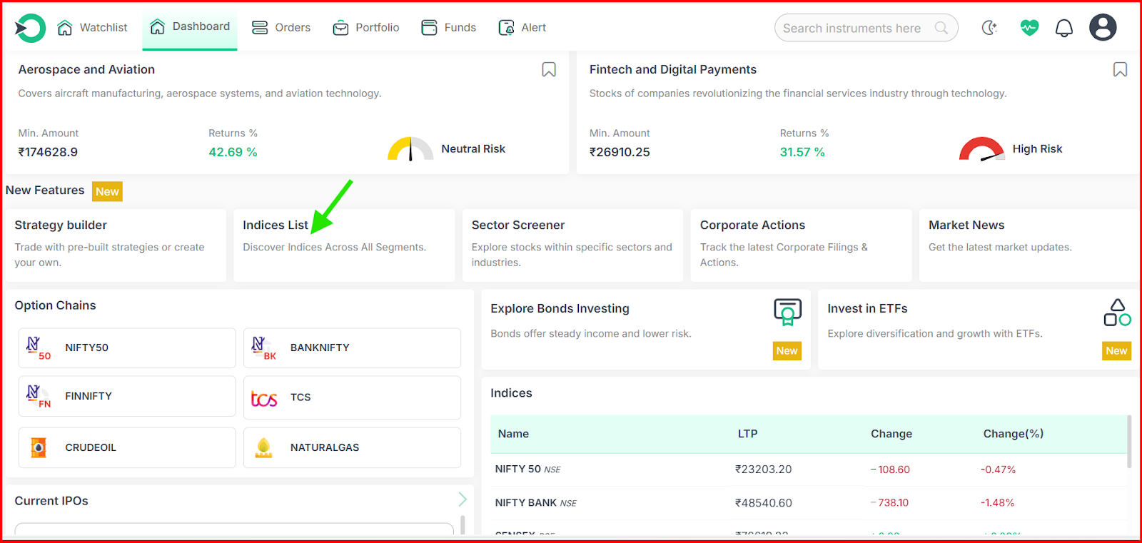 Indices List Feature